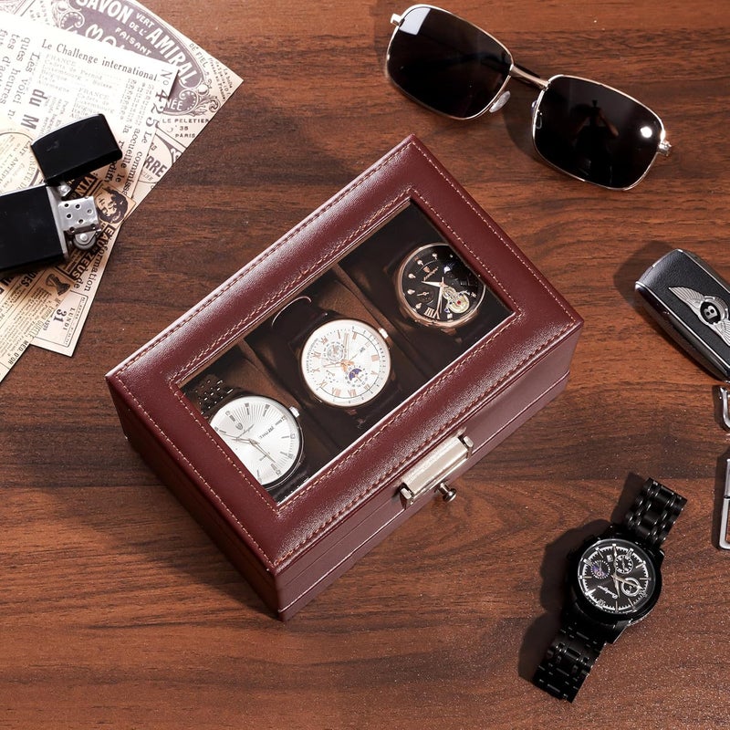 Procase صندوق ساعة، علبة عرض ساعات بـ 3 فتحات مع درج، علبة ساعات للرجال بغطاء زجاجي، منظم تخزين مجوهرات للرجال بطبقتين، هدايا عيد الميلاد وعيد الميلاد للرجال - 3 فتحات، إسبريسو - Image 4